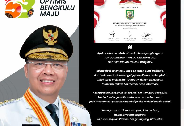 Pemprov Bengkulu Berhasil Raih Peringkat 2 TOP GPR Award 2021